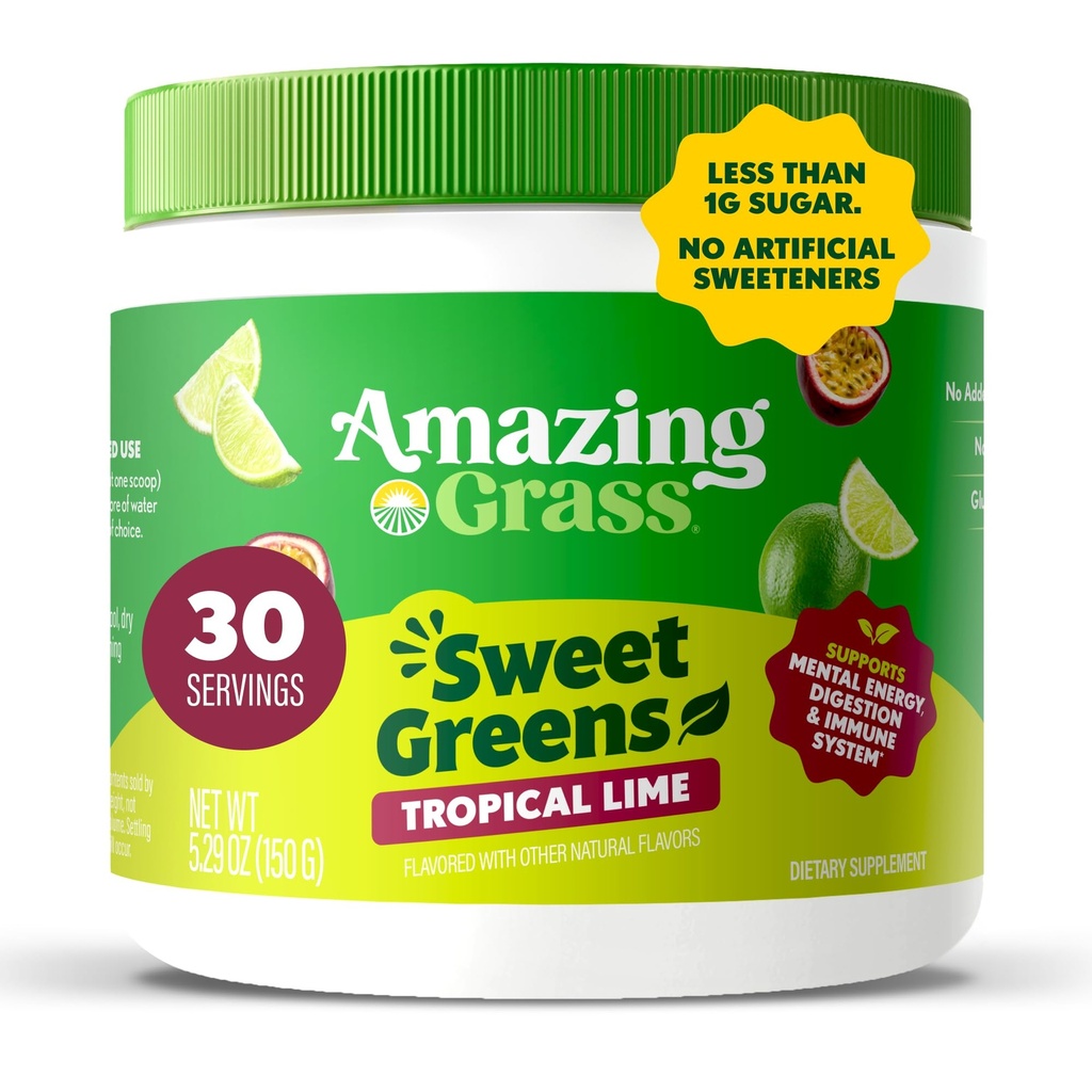 Increíble Grass Sweet Greens and Superfoods Powder for Digestive Health, Greens Powder, Digestive Enzymes, Probiotics, Spirulina, Clorella, Tropical Lime, 30 Servings