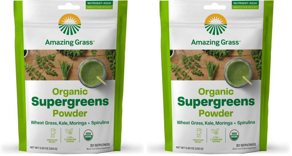 Increíble Grass Super Greens Booster: Greens Powder Smoothie Mix con Spirulina,Moringa,Wheat Grass & Kale Smoothie Booster,Chlorophyll Provide-Greens,30 Servings,(Pack of 2)