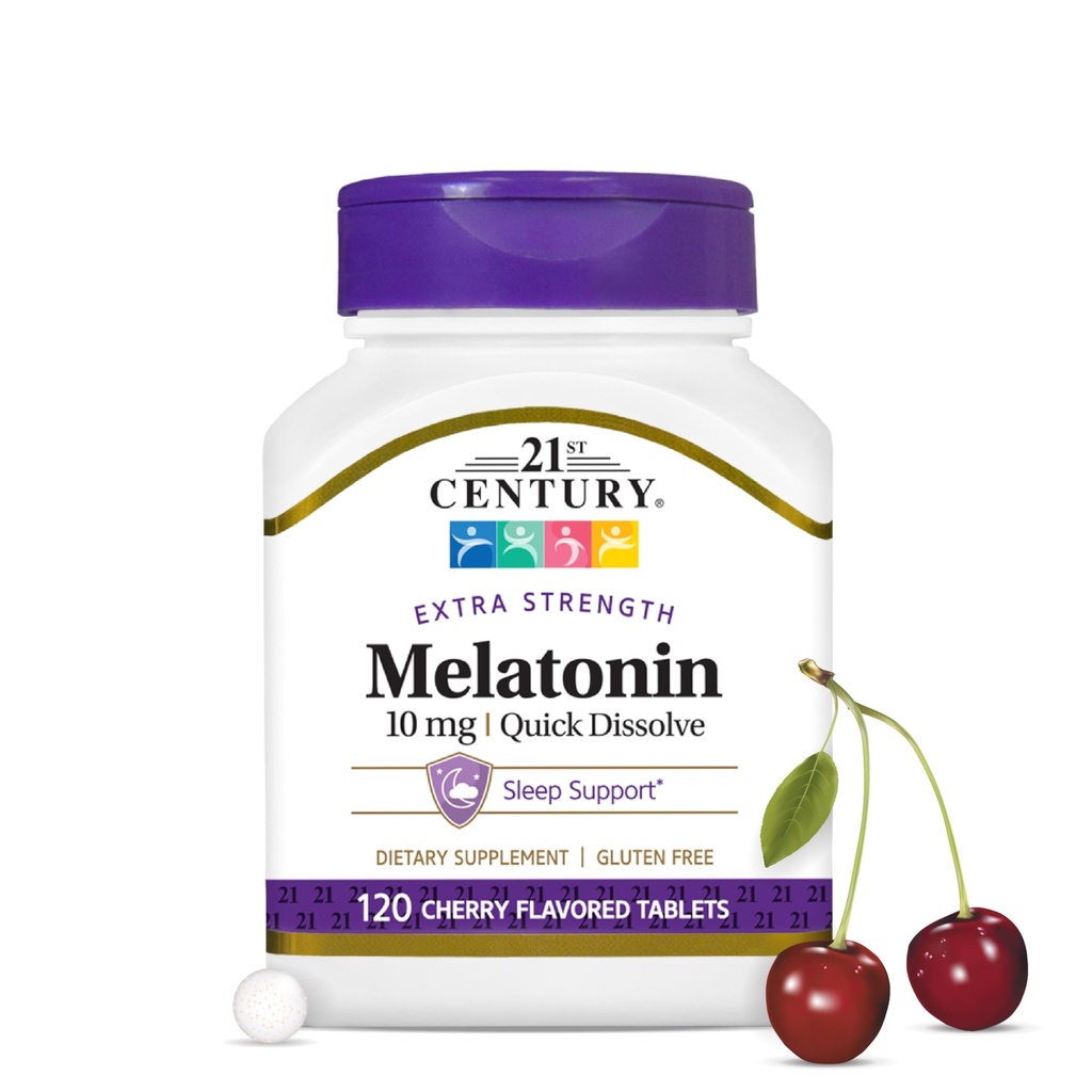 21st Century Melatonin 10mg Extra Strength, 120 Conde, Quick Dissolving Sleep Aid for Adults, Promueve la relajación y el sueño relajante, formando no-habit, libre de gluten, Cherry Flavor
