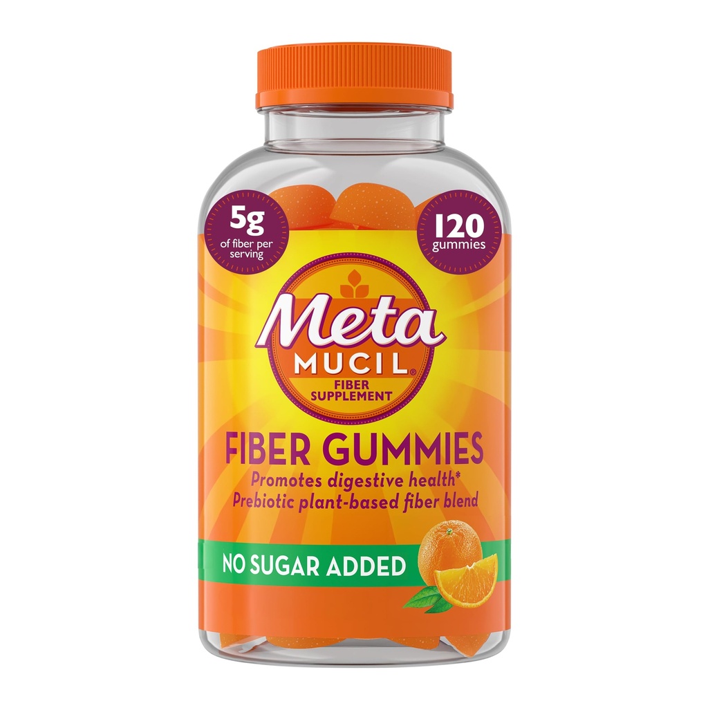 Mangas de fibra de metamucil para adultos, sin azúcar añadido sabor a naranja, 5g Prebiótico planta base Suplemento de fibra Blend, 120 conde