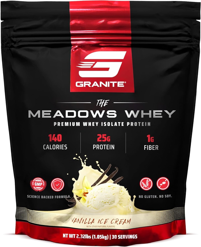 Suplementos Granitos Los prados Whey Protein Isolate Protein Powder para el músculo magro con 150 Calories, 2g Fiber, 1g Sugar (30 Servings), Vanilla Ice Cream Flavor