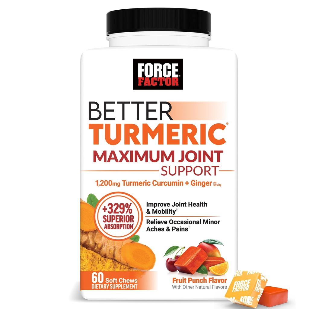 Factor de fuerza Mejor Turmérico Máximo Soporte Conjunto, 1075mg Curcumin con jengibre para soportar la movilidad, flexibilidad &amp; comodidad, cerdas más Conveniente que Turmeric Gummies, Fruit Punch, 60 cerdas suaves