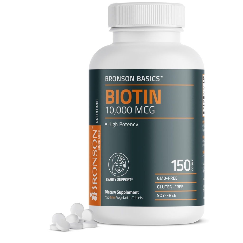 Bronson Biotina 10.000mcg, soporta cabello saludable, piel y uñas, vegetariano, no GMO, 150 Tabletas