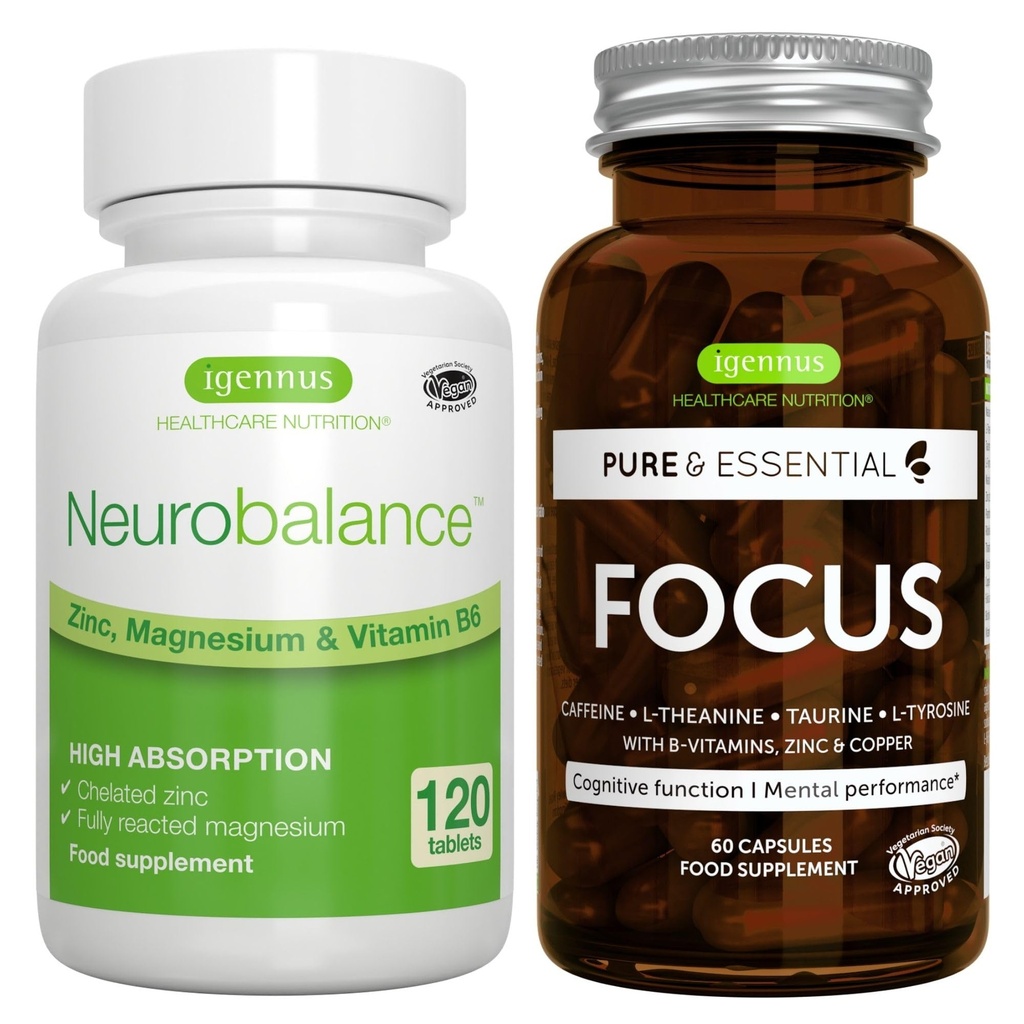 Neurobalance + Focus Brain Booster Vegan Bundle, High Absorption Zinc Magnesium & B6 + Caffeine, Amino Acids & Methylated B-Vitamins, por Igennus