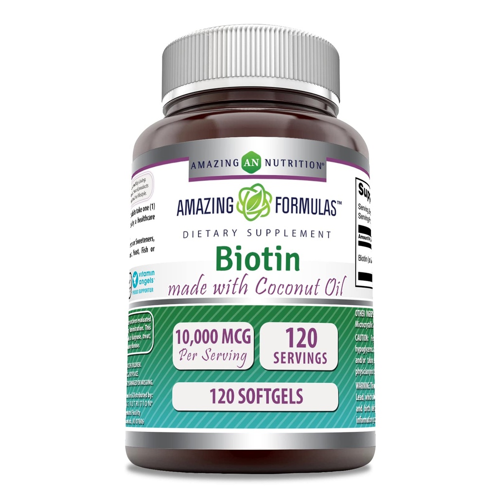 Amazing Formulas Biotin with Extra Virgin Orgánica Coconut Oil Supplement TEN 10000 Mcg TEN 120 Softgels Silencio No-GMO TEN Gluten-Free TEN Made in USA
