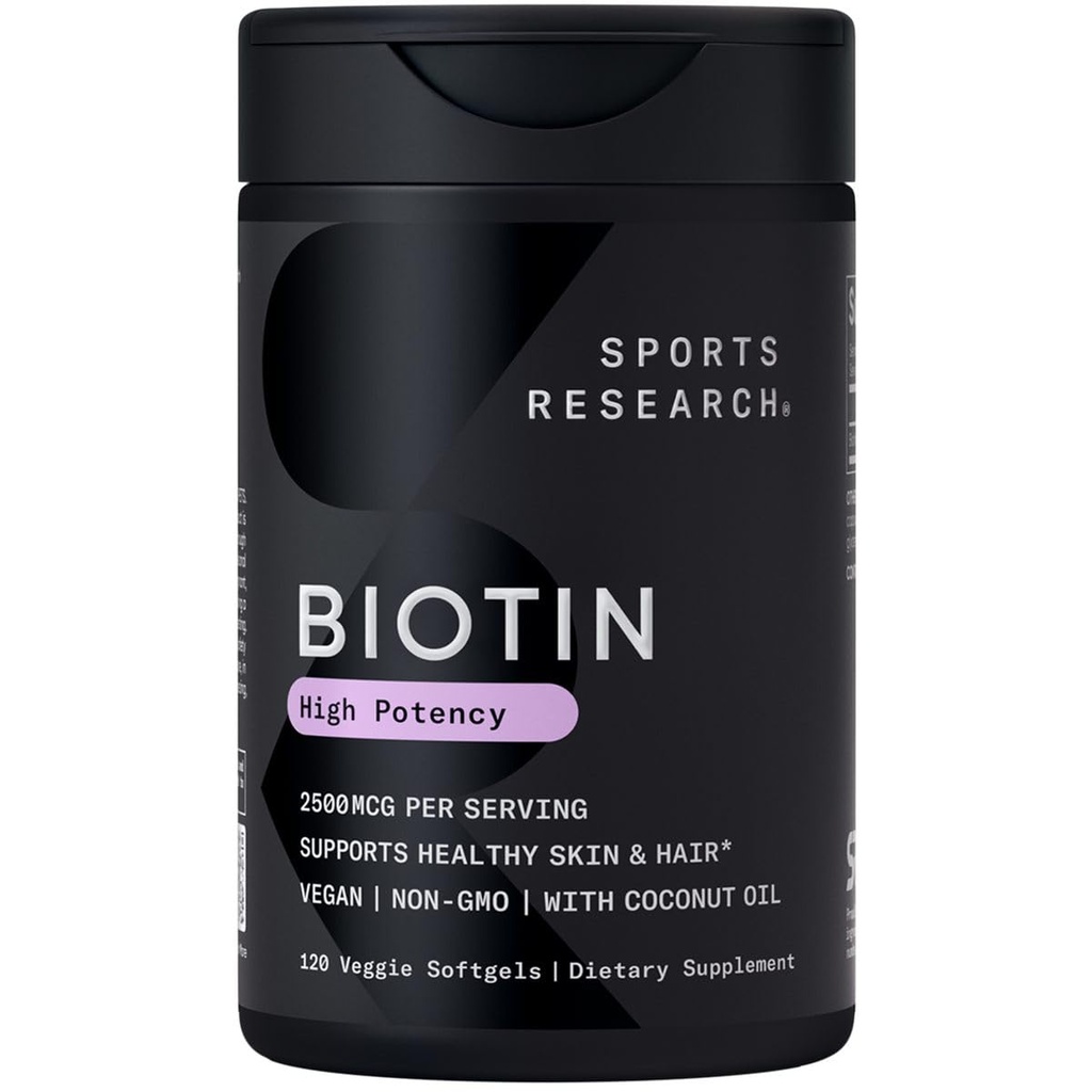 Sports Research® Biotin 2,500mcg con aceite de coco orgánico - Biotina (Vitamin B7) para la piel y el cabello saludables* - para mujeres y hombres - Vegan, No GMO, Gluten &amp; Soy-Free - 120 Veggie Softgels
