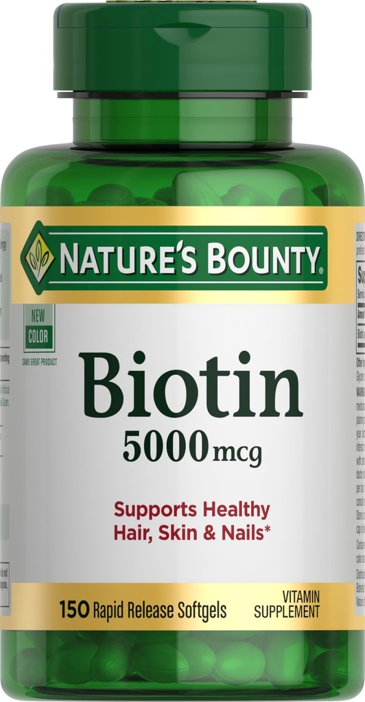 Biotina Bounty de la naturaleza, apoya el metabolismo para la energía celular y el cabello saludable, la piel y las uñas, 5000 mcg, 150 Softgels