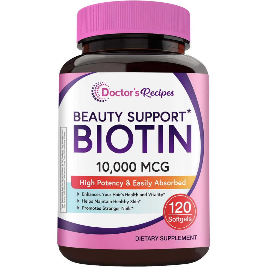 Recetas del médico Biotina 10.000mcg, Vitamina de alta potencia B7 para el cabello, Skin &amp; Nail Support, Non-GMO, Soluciones óptimas Vitamina del cabello con biotina, para mujeres y hombres, 120 Softgels