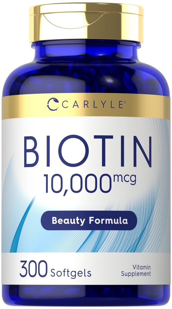 Carlyle Biotin 10000mcg ← 300 Softgels ← Max Strength for Hair, Skin, and Nails  durable Non-GMO, Gluten Free Supplement