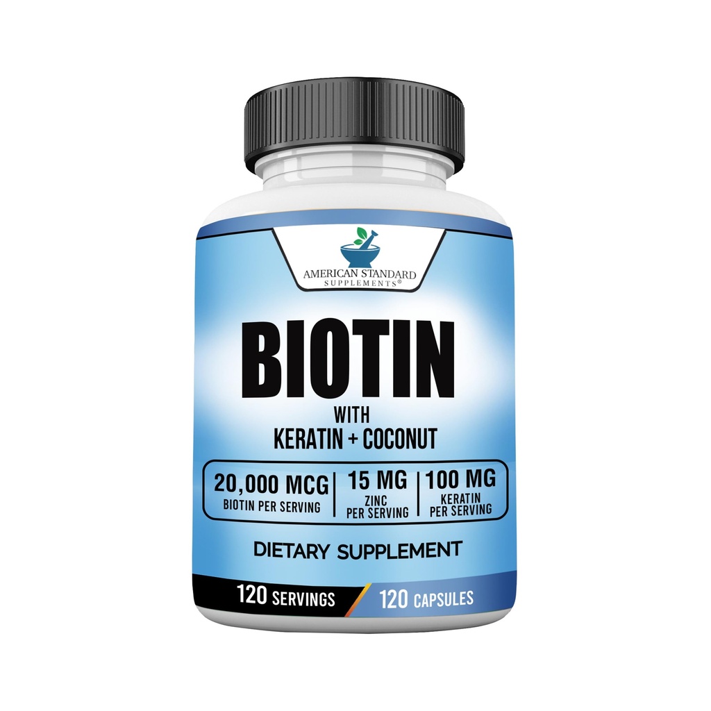 American Standard Supplements Biotin 20,000mcg con Keratin, Coconut Powder y Zinc, Biotin Supplement for Women and Men,120 Veggie Capsules, 120 Day Supply