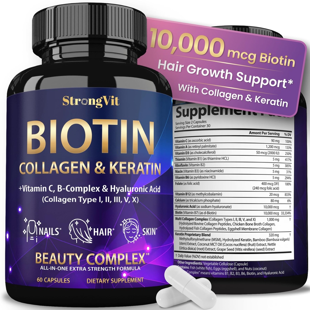 StrongVit Biotina con ácido hialurónico, queratina y colágeno Suplementos - 10000mcg para el crecimiento del cabello Mujeres y Hombres - Piel y uñas Vitaminas - 60 cápsulas