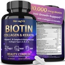 StrongVit Biotina con ácido hialurónico, queratina y colágeno Suplementos - 10000mcg para el crecimiento del cabello Mujeres y Hombres - Piel y uñas Vitaminas - 60 cápsulas