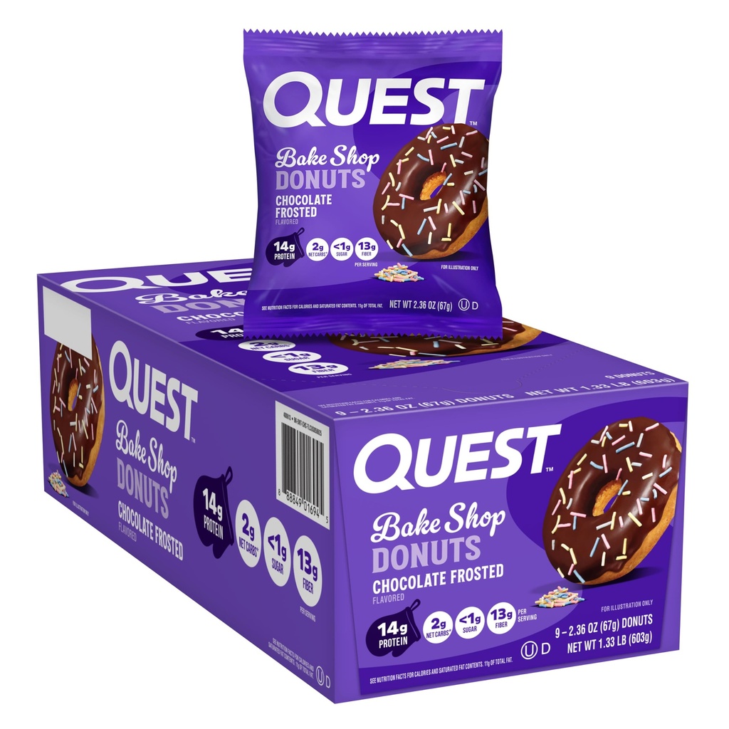 Quest Nutrition Bake Shop, Chocolate Frosted Donuts, 14g Protein, Menos de 1g Sugar, Protein Snack, Bajo Sugar, 9 Cuenta