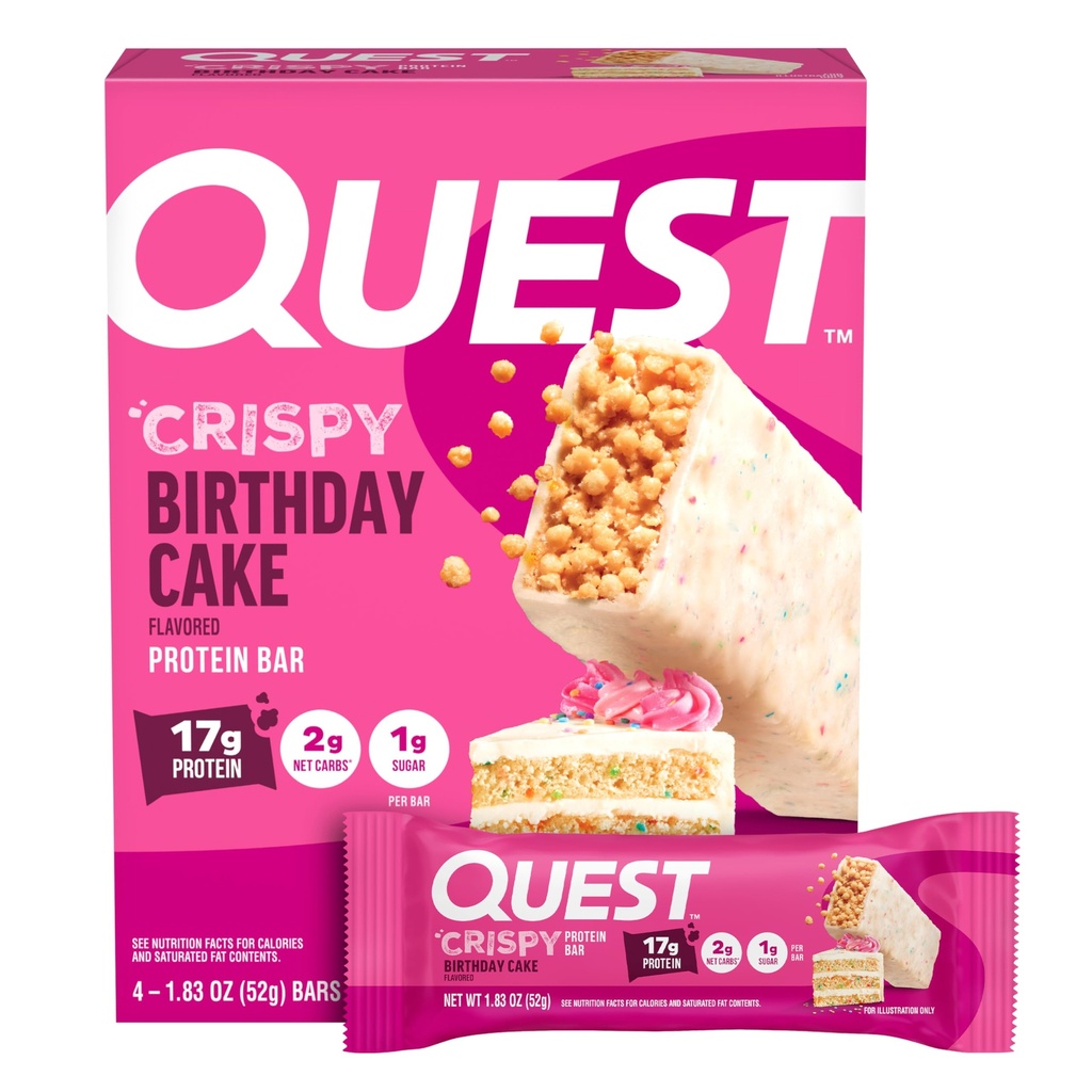 Quest Nutrition Crispy Cake Protein Bar, 17g Protein, 1g Sugar, 2g Net Carbs, Gluten Free Protein Snack, Keto Friendly, 4 Count