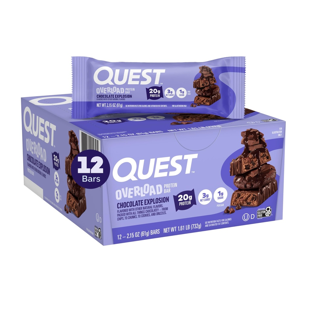 Quest Nutrition Overload Protein Bars, Chocolate Explosion, 20g Protein, 1g Sugar, 3g Net Carbs, Gluten Free, 12 Condes