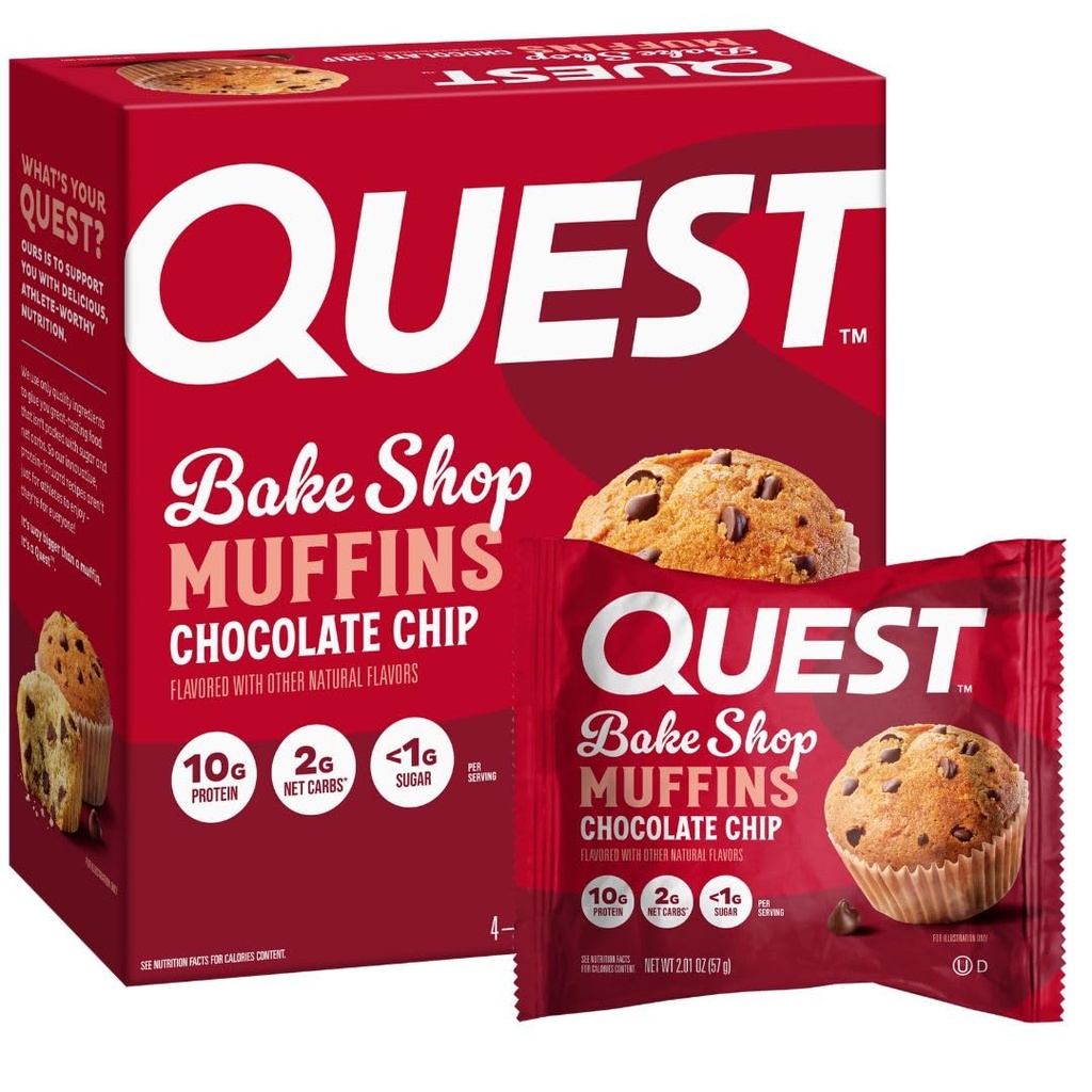 Quest Nutrition Chocolate Chip Muffin, 10g Protein, 2g Net Carb, Menos de 1g Sugar, Protein Snack, 4 Cuenta