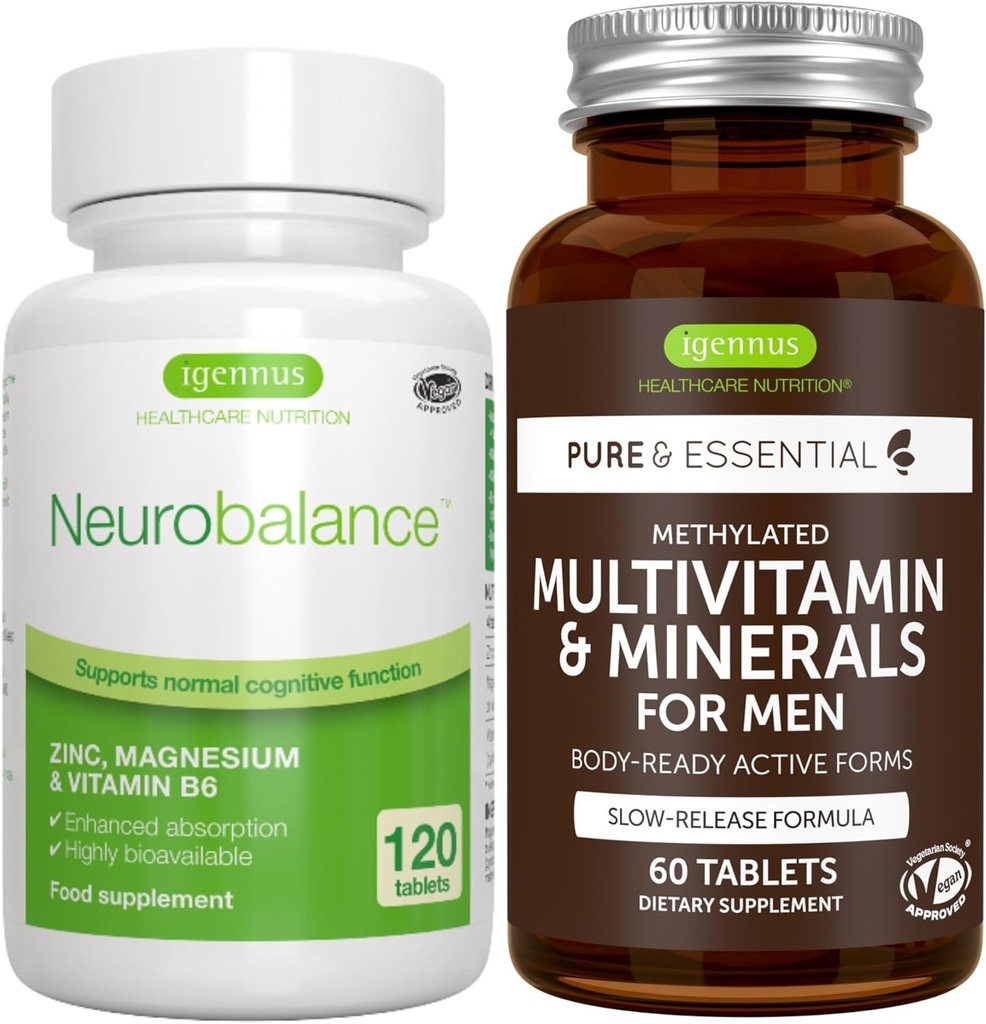 Neurobalance + Multivitamina & Minerales para Hombres Bundle Vegan, Alta Absorción Zinc, Magnesio & B6 Suplemento + Sujeto Multivitamina de Igennus