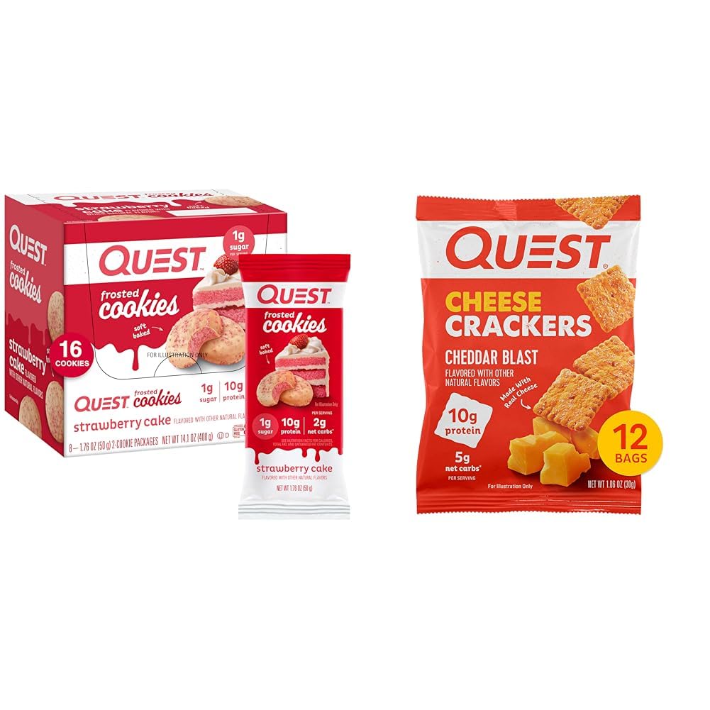 Quest Nutrition Frosted Cookies Twin Pack, Pastel de Fresa, 1g Sugar, 10g Protein, 2g Net Carbs & Cheese Crackers, Cheddar Blast, High Protein, Low Carb, Made with Real Cheese, 12 Ct