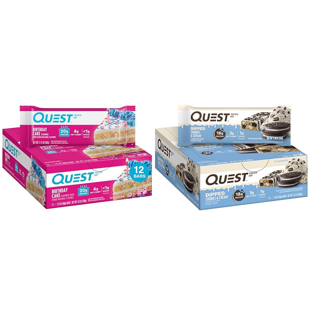 Quest Cake de Cumpleaños &amp; Cookies &amp; Cream Dipped Protein Bares, Alta Proteína, Gluten Gratis, Keto Friendly, 12 Cuenta cada