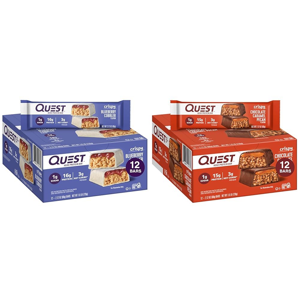 Quest Nutrition Crispy Blueberry Cobbler " Chocolate Caramel Pecan Hero Protein Bares, 16g " 15g Protein, 1g Sugar, 3g Net Carb, Gluten Free, Keto Friendly, 12 Conde Bundle