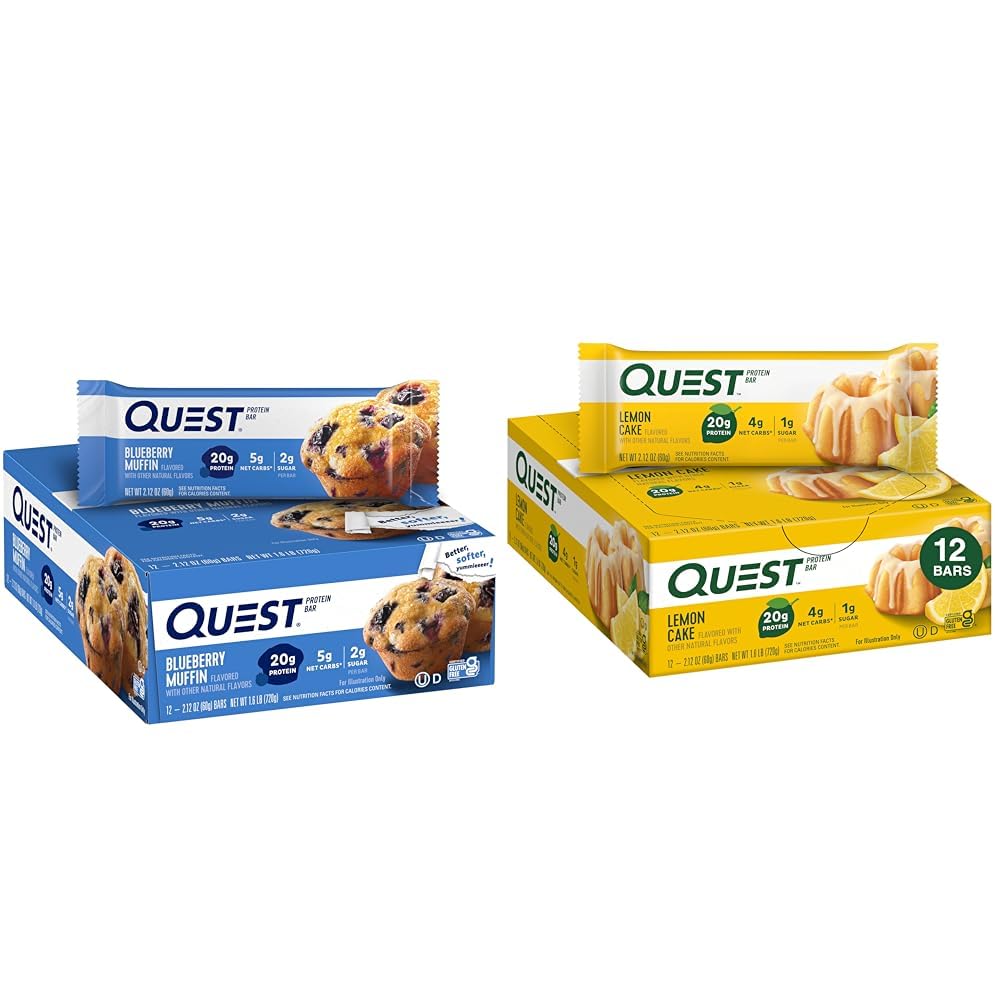 Quest Nutrition Blueberry Muffin (12 conde) y Lemon Cake (12 conde) Protein Bars Bundle, High Protein, Gluten Free