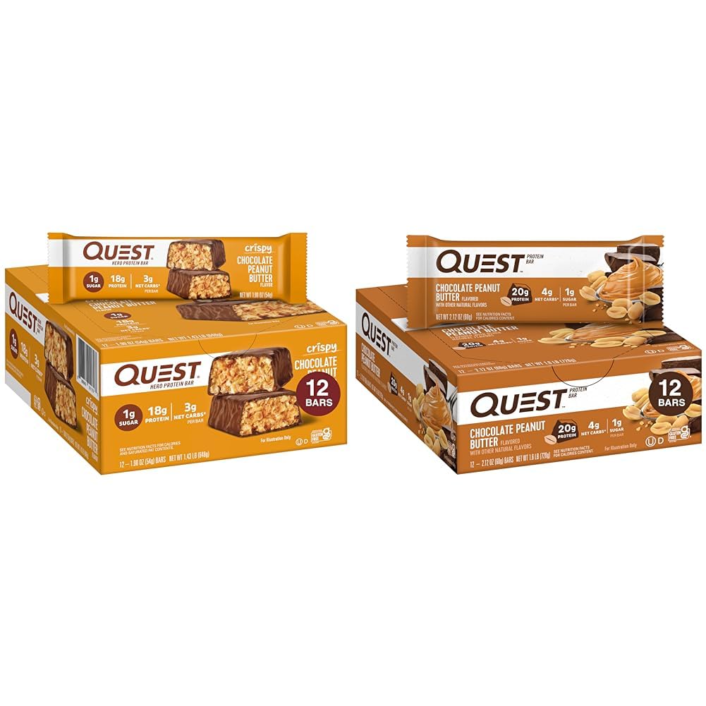 Quest Nutrition Crispy Chocolate Peanut Butter Hero Protein Bar, 18g Protein &amp; Chocolate Peanut Butter Bar, High Protein, Low Carb, Gluten Free, Keto Friendly, 12 Condes
