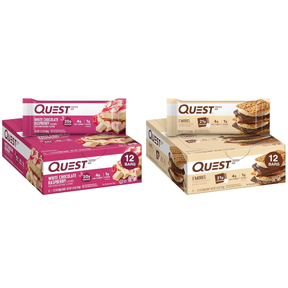 Quest Nutrition White Chocolate Raspberry Protein Bares, High Protein, Low Carb, Gluten Free, Keto Friendly, 12 Conde " S'mores Protein Bar, High Protein, Low Carb, Gluten Free, Keto Friendly, 12 Condes
