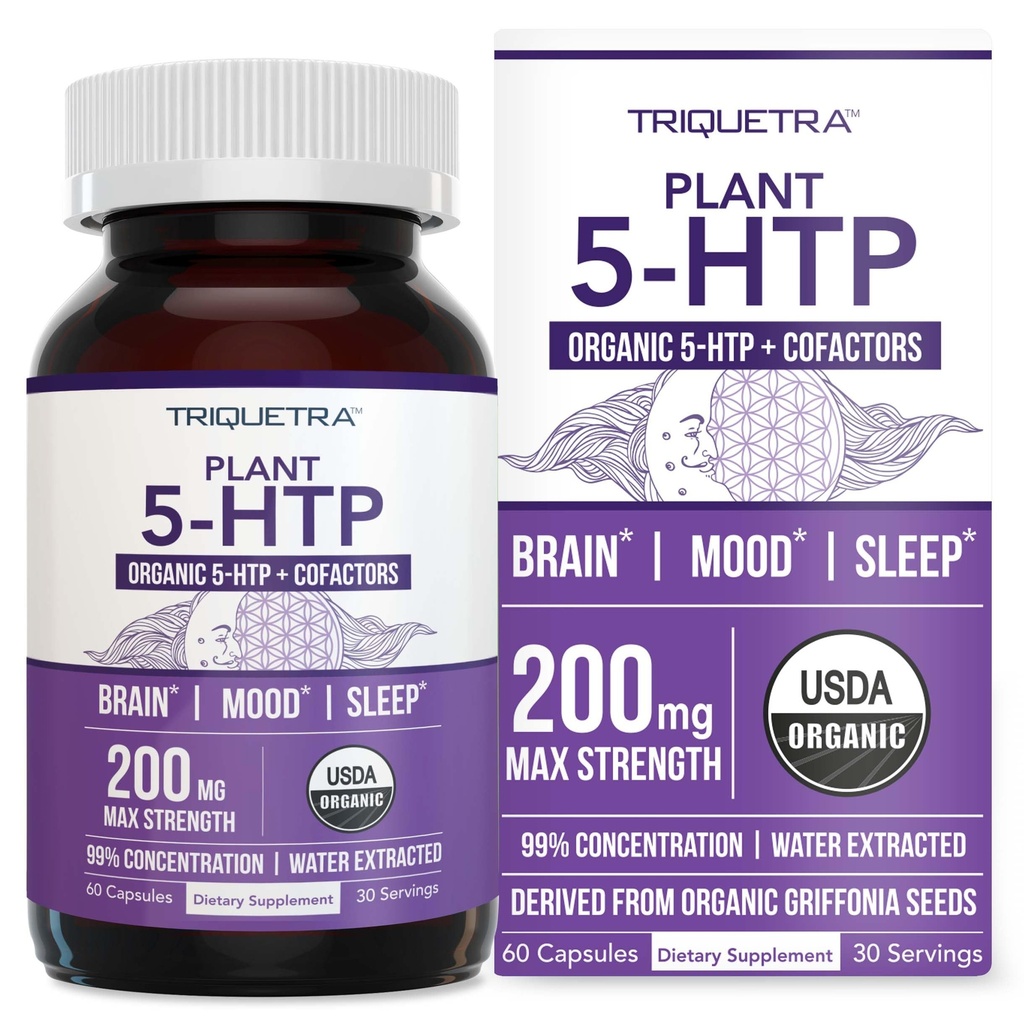 Organic 5-HTP - 200 mg tención 99% 5HTP Concentración, Plus Cofactor Vitamina B6 &amp; Lion’s Mane ¦ Agua Extraída de la Griffonia Orgánica Semillas ← Soporta Mood, Cognition &amp; Sleep (60 Capsules TEN 30 Servings)