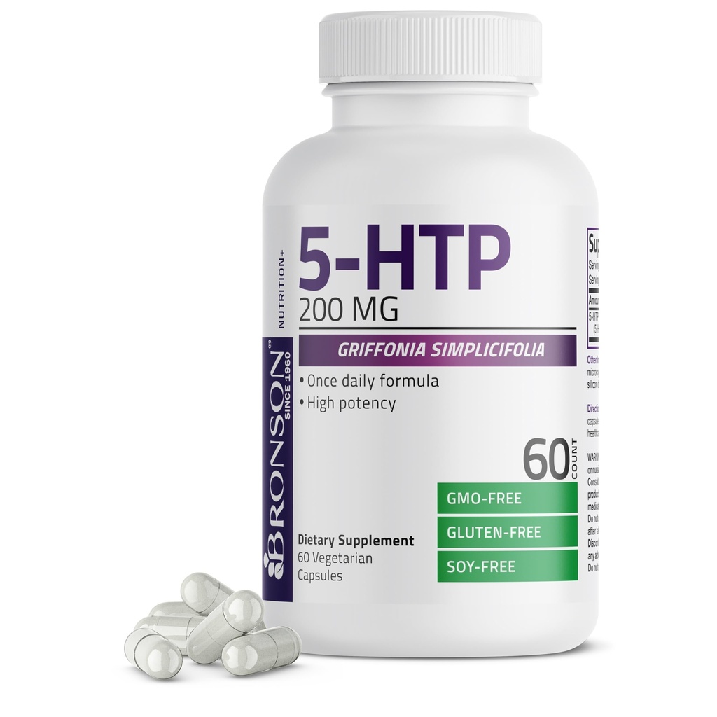 Bronson 5-HTP 200mg (5-hidroxitryptofan) Griffonia Simplicifolia Non-GMO, 60 cápsulas vegetarianas