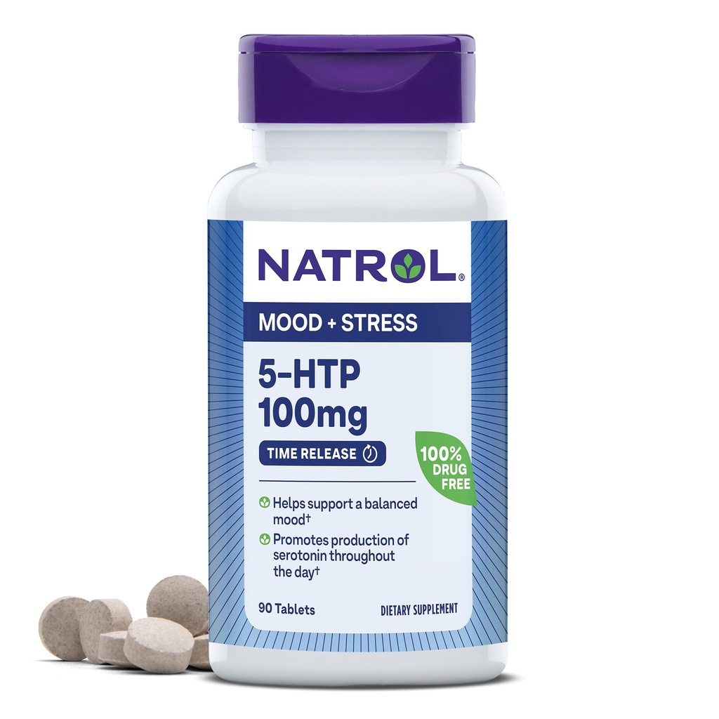 Natrol 5-HTP 100mg, Suplemento dietético ayuda a apoyar un suplemento de apoyo balanceado de humedad, humedad y estrés, 90 tablas de liberación del tiempo, 45-90 Day Supply
