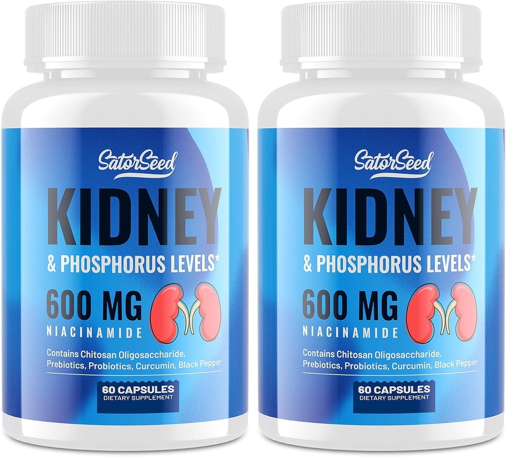 Suplemento de apoyo al riñón – Detox de limpieza del riñón con 600 mg de Niacinamide & Oligosacáridos Chitosan – Fórmula fósfora consciente – Capsules vegetarianos para adultos – 2 Botellas