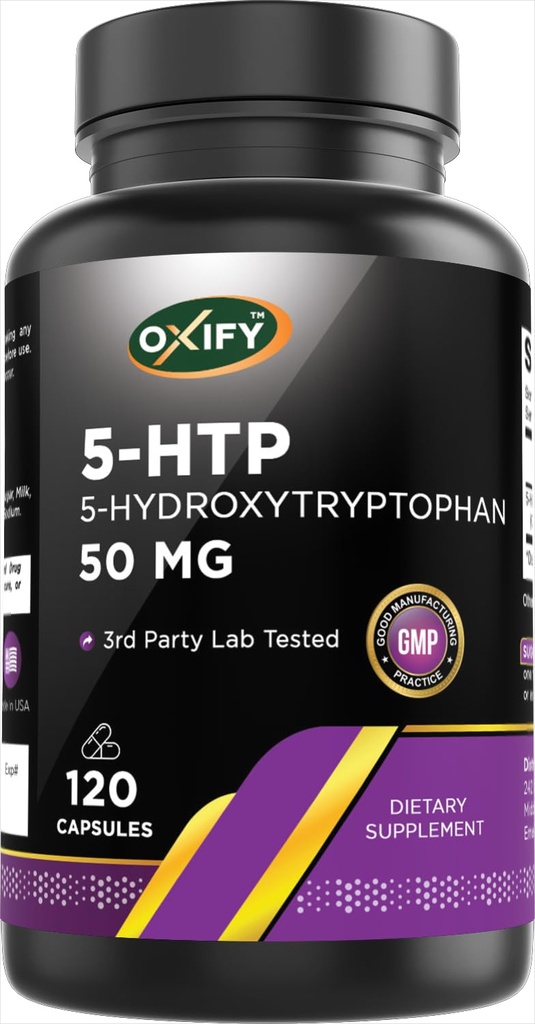 Oxify 5-HTP 5-Hydroxytryptophan 50 mg Silencio 120 Capsules Silencio Gluten-Free, Non-GMO Silencioso Suplemento Made in USA
