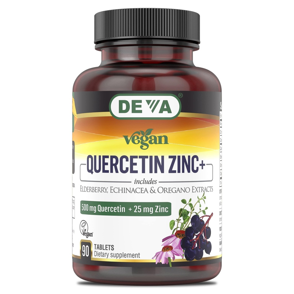 DEVA Vegan Quercetina 500mg Plus 25mg Zinc con extractos de arándano, equinácea y orégano - Sin ingredientes animales - 90 Tabletas, 1-Pack