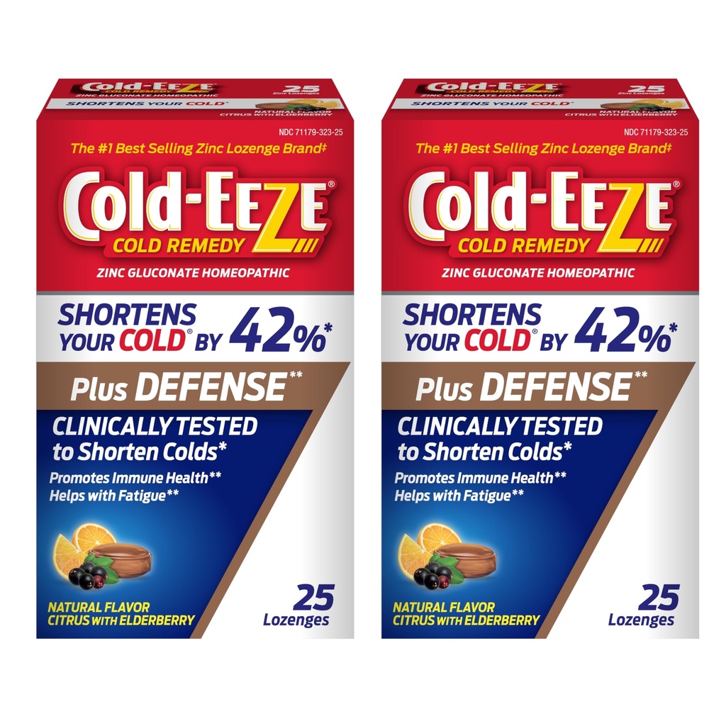 Cold-Eeze Plus Defense Natural Citrus with Elderberry Zinc Lozenges, Homeopathic Cold Remedy, Shortens Common Cold Symptoms by 42%, Immune Health, Sambucus Nigra, Echinacea, Rose Hips, 25 Ct, 2 Pack
