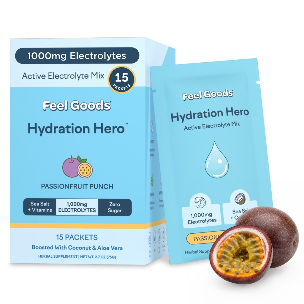 Siente los bienes Hidratación Héroe, 1000 mg Electrolitos Polvo, Sugar Gratis, Magnesio, Aloe Ecológico Vera, L Theanine, Vitamina C & B12, Keto, Vegan, Packets Electrolíticos, Pulsera de Frutas de Pasión, 15 Conde
