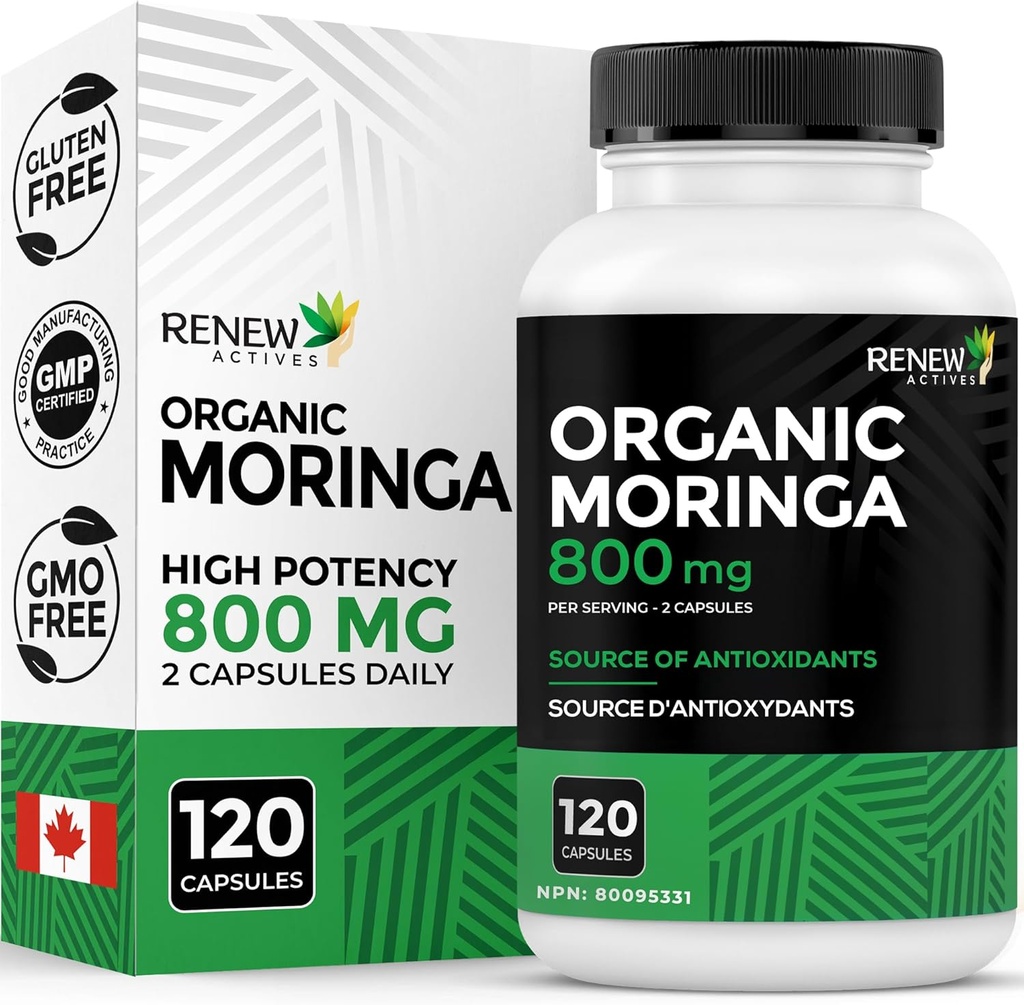 Renovar Activos Moringa Leaf Suplemento 800MG por 2 Capsules- Antioxidante-Rich Moringa Oleifera - Promueve Buena Salud & Bienestar - Fácil de Tragar - Hecho en Canadá - 120 cápsulas