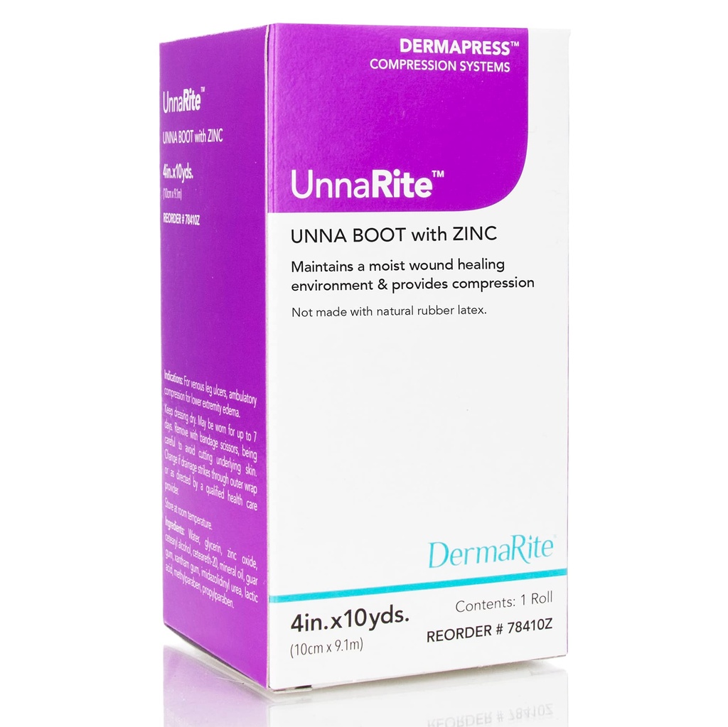 Bota UnnaRite C Unna, de DermaRite, con óxido de zinc - Curación húmeda y Compresión suave para los Ulceres Legislativos Venosos - 4 in. x 10 yds., 1 Roll