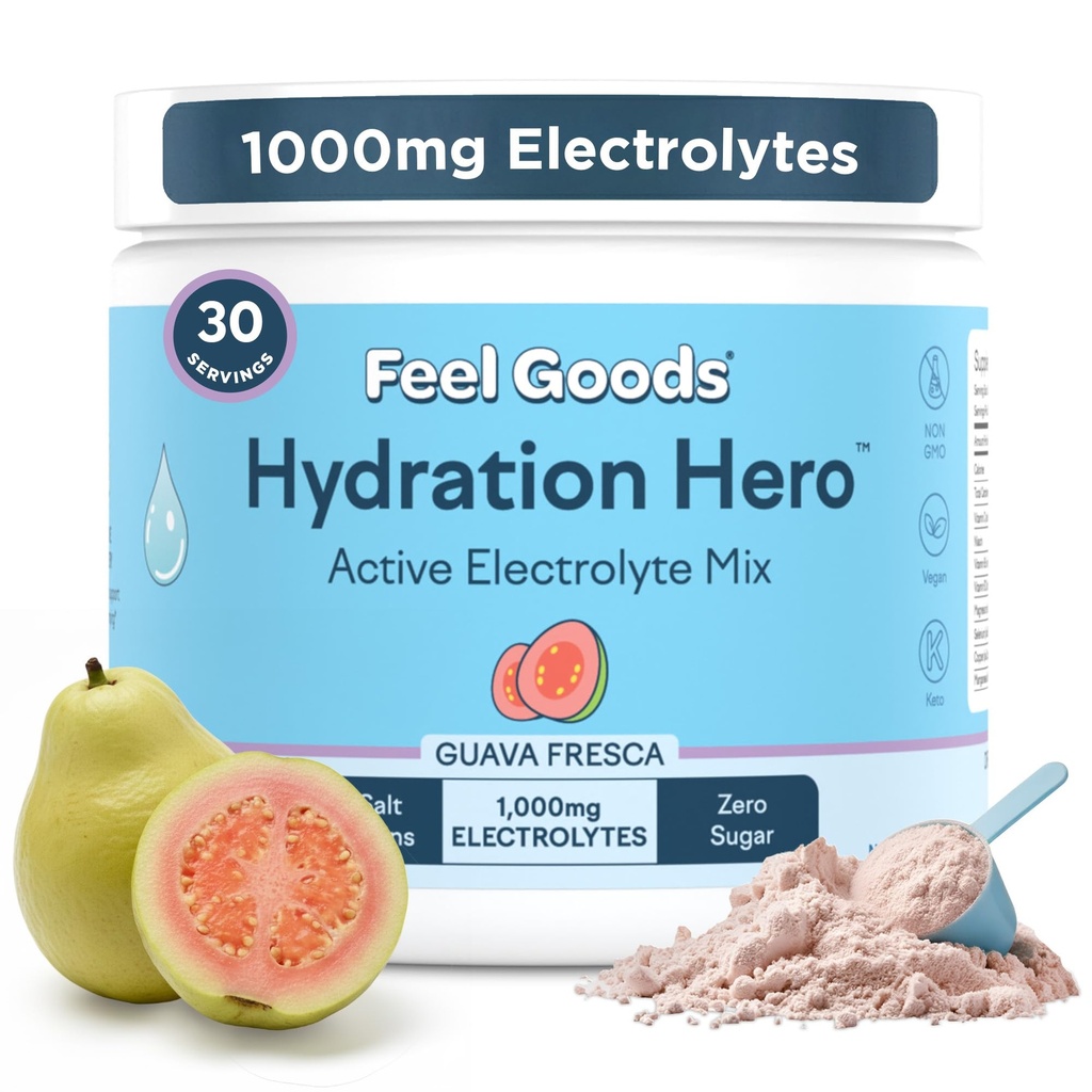 Siente los bienes Hidratación Hero, 1000 mg Electrolitos Polvo, Sugar Gratis, Magnesio, Aloe Ecológico Vera, Aloe Orgánico, L Theanine, Vitamina C & B12, Non GMO, Keto, Vegan viv Guava Fresca, 30 Servings