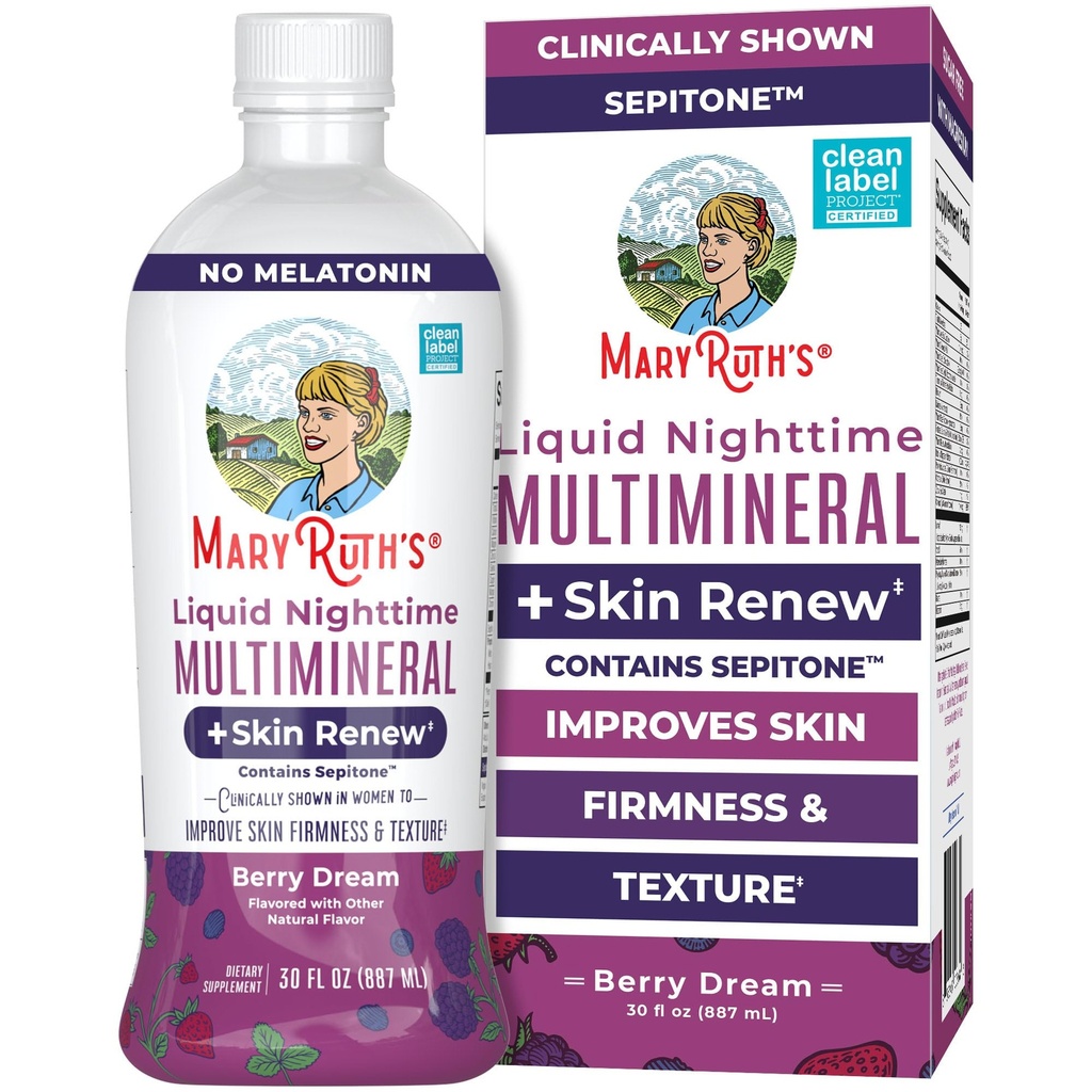 MaryRuth's Liquid Nighttime Liquid Multimineral + Skin Renew ← Clínicamente Shown in Women to Reduce Fine Wrinkle &amp; Mejorar la Firmeza de la Esquía TEN Sepitone TEN NO Melatonin TEN Magnesium TEN Vegan ANTE 30 Servings
