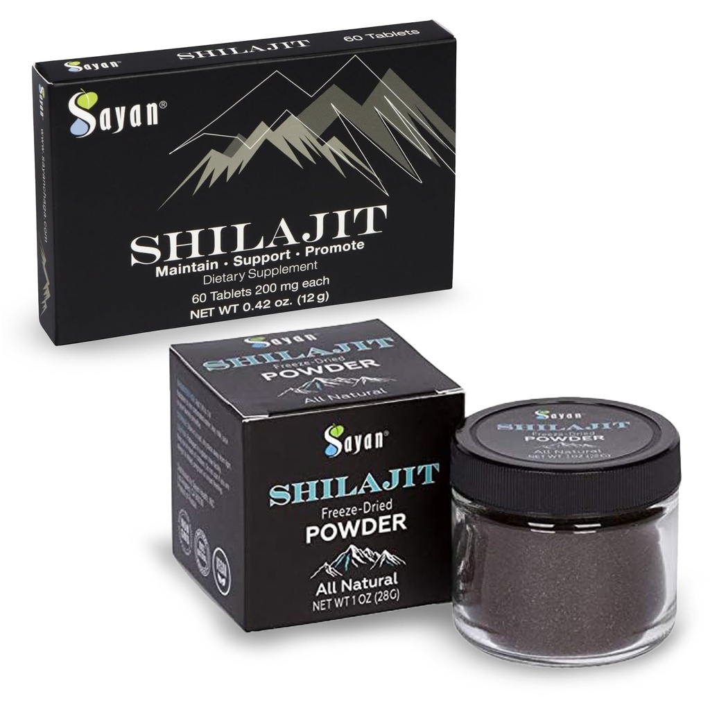 Sayan Shilajit Pure Organic Black Resin Trace Mineral Tablets &amp; Pure Organic Shilajit Extract Freeze-Dry Powder Bundle - Immune Support, Detox, Energy Boost (1 Month Supply)