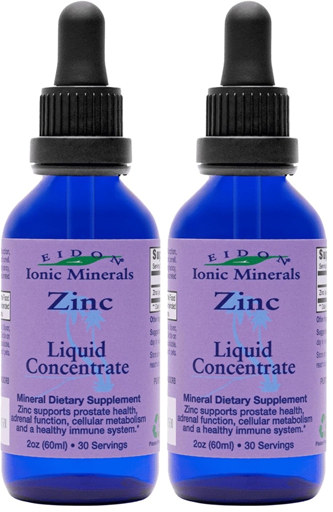 Eidon Ionic Minerals Concentrado de zinc líquido - Ionic Zinc Suplemento gotas para adultos y niños, Sistema de soporte, Peluquería y Piel, Salud del hígado y del riñón, Alivia el estrés - 2 oz (Pack de 2)