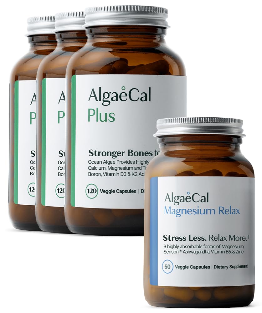 ALGAECAL Orgánica de Algas Rojas Suplemento de Calcio para Densidad de Hueso &amp; Fuerza, Vitamina K2 MK7, Vitamina D3, Magnesio &amp; Trace Minerals, 120 Veggie Caps Magnesium RelaxTM (60 Caps)