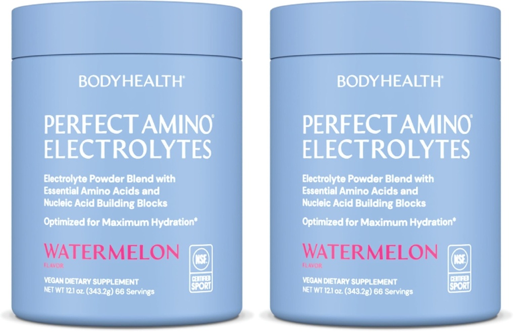 BodyHealth PerfectAmino Electrolytes Powder No Sugar, Hidration Fasting Keto Zero Sugar Electrolytes Drink Mix with Trace Minerals - NSF Certified for Sport - Watermelon - 66 Servings (Pack of 2)