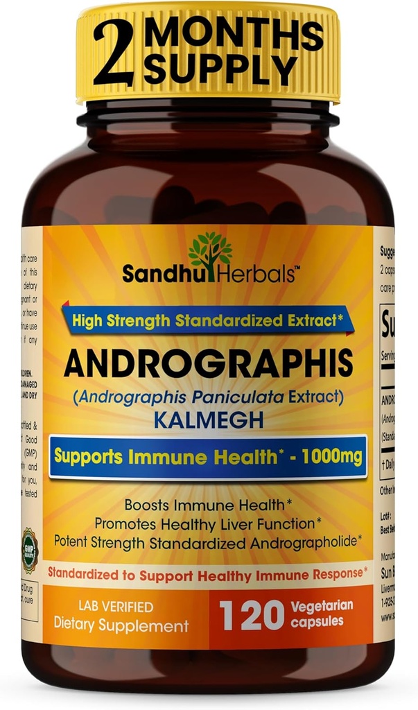 Sandhu Herbals Andrographis Paniculata Kalmegh for Immune and Liver Health Supportfort 120 Vegetarian Capsules, 2 Months Supplyperu Ayurvedic Herbal Vegetarian Supplement Complex