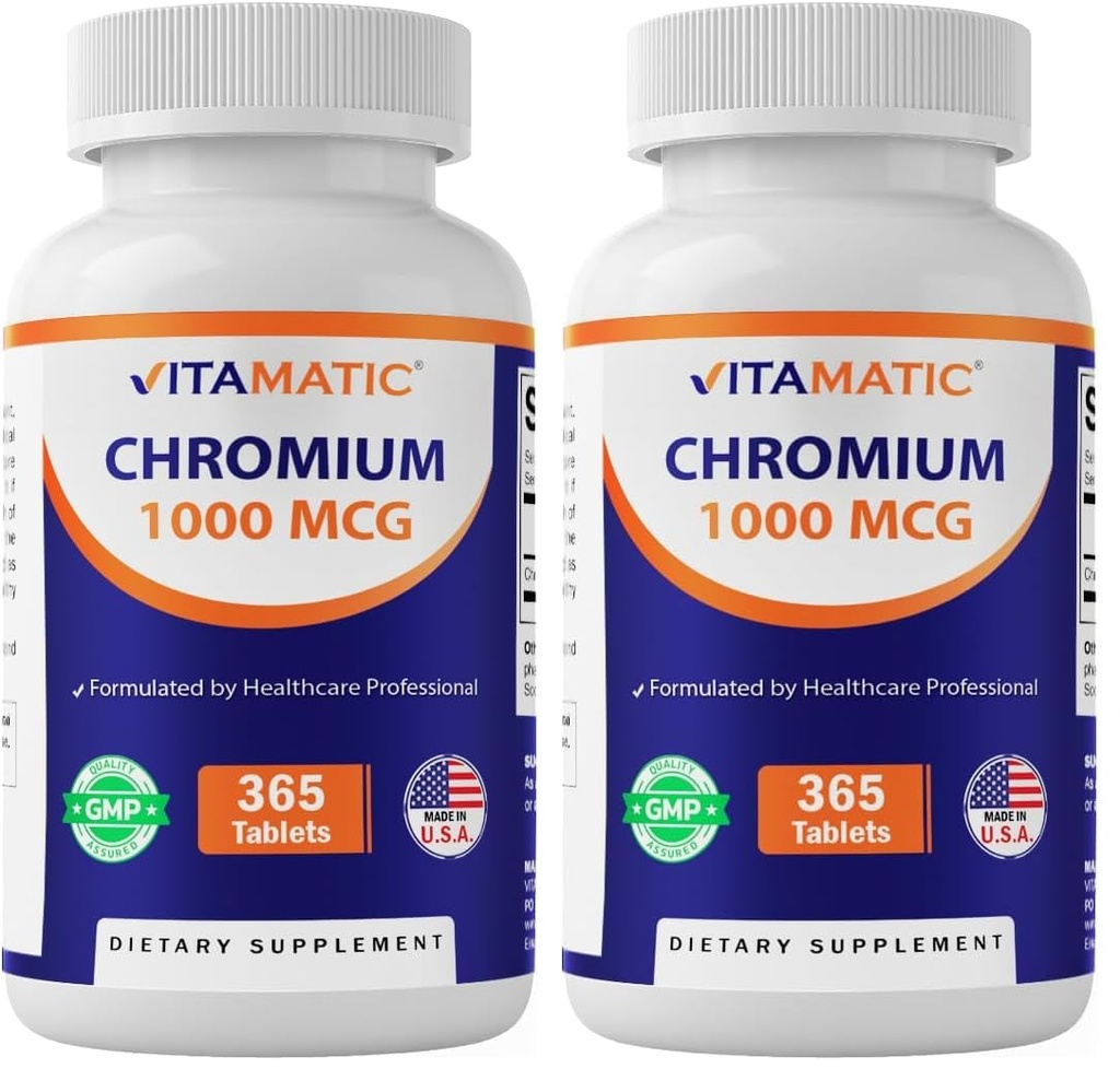Vitamatic Chromium 1000 mcg tención 365 Tablets ← High Potency Chromium Picolinate ← Non-GMO, Gluten Free (Pack of 2)