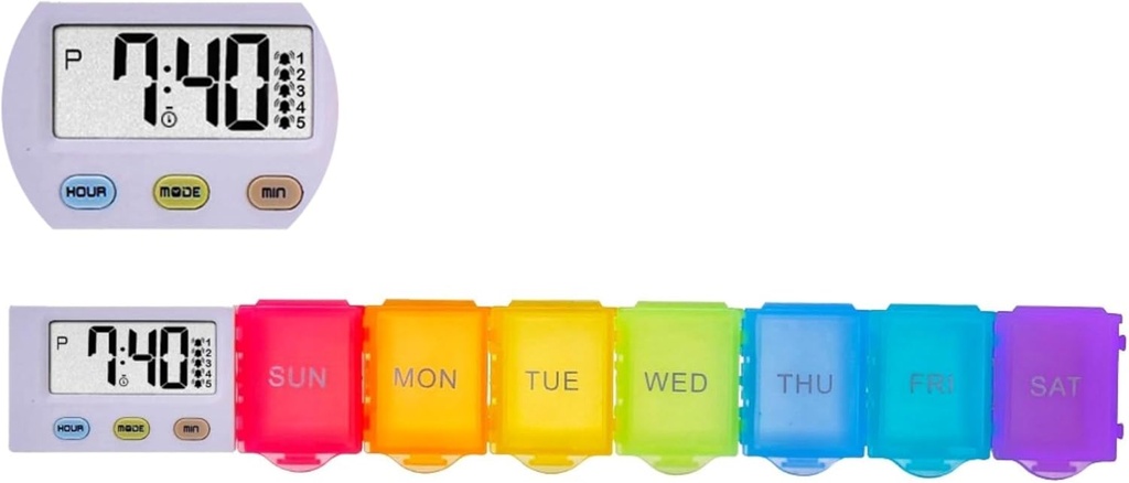 [4 en 1] 7 Días Medicina Pill Organizer+5 Alarmas Recordatorios+Tiempo+Clock,Compartimiento Large,Sonido Alto, Pantalla Large,Moistura-Proof,Dust-Proof,Travel Weekly/Daily Pill Box/Organizador/Case/Container/Dispenser