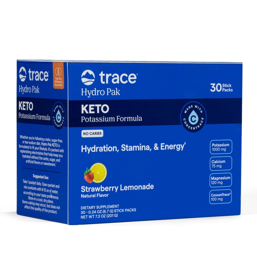 Trace Minerals Hydro Pak Keto - Electrolyte Replenishment Drink Mix – 1000 mg Potassium Plus 70 Supports Energy, Stamina, " Hydration – Strawberry Lemonade Flavor – 30 Servings