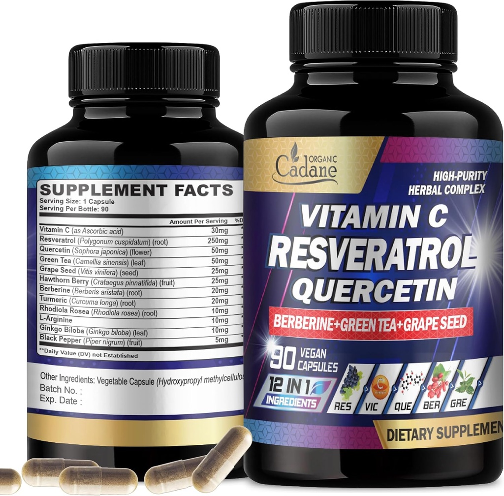 Suplemento de Resveratrol de Cadane Orgánica - 12in1 Blended with VIT.C, Quercetin, Berberine, Turmeric, Green Tea & Más - 90 Capsules 3 Mes