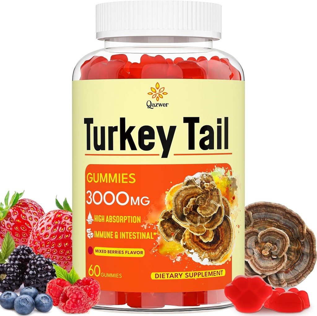 Turquía Tail Mushroom, Turquía Tail (100% Fruiting Body, 40% Beta Glucans) añadir Black Pepper, Mushroom Gummies for Gut, Energy, Brain & Immune Support, Mixed Berries Flavor  Vegan, Non-GMO, 60ct