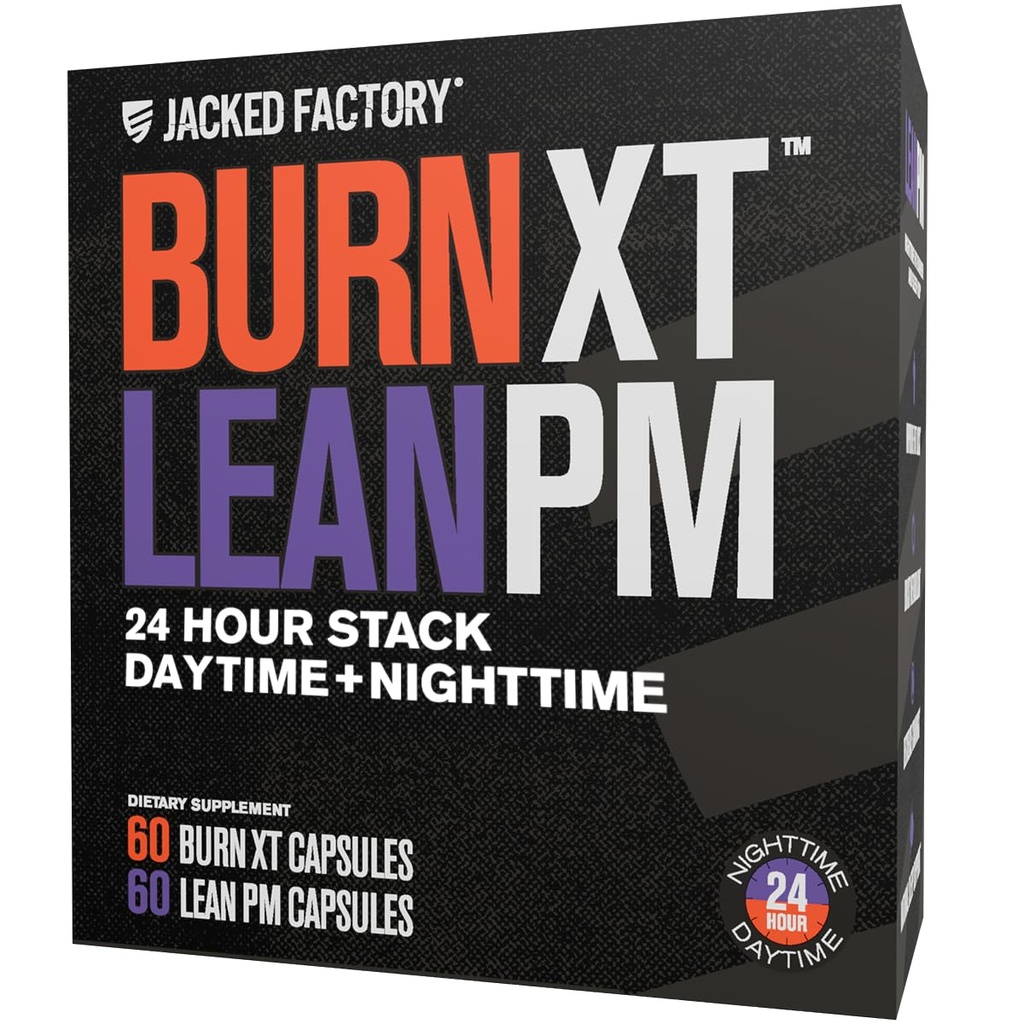 Kit de Burn-XT de fábrica de Jacked + Lean-PM – Composición de cuerpo de 24 horas &amp; Metabolismo Soporte Stack – Day & Night Fórmula – 60 Cuenta, 2 Pack